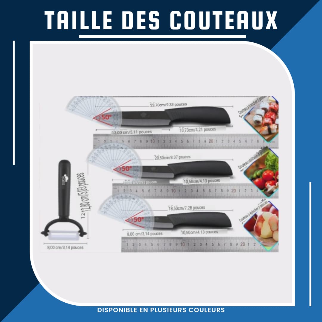 Ensemble de 3 couteaux en céramique et Eplucheur - Taille | udealmart.com