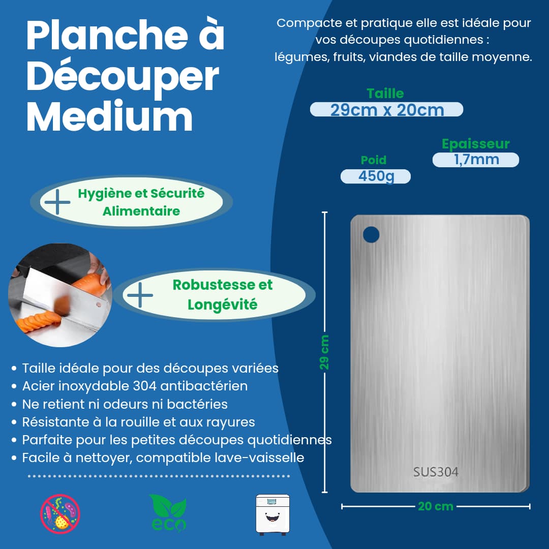 Planche à Découper en Acier Inoxydable - Medium 29x20 | udealmart.com